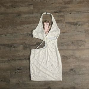 Oh Polly ST TROPEZ Halter Neck Cut Out Mini Dress in White- 2